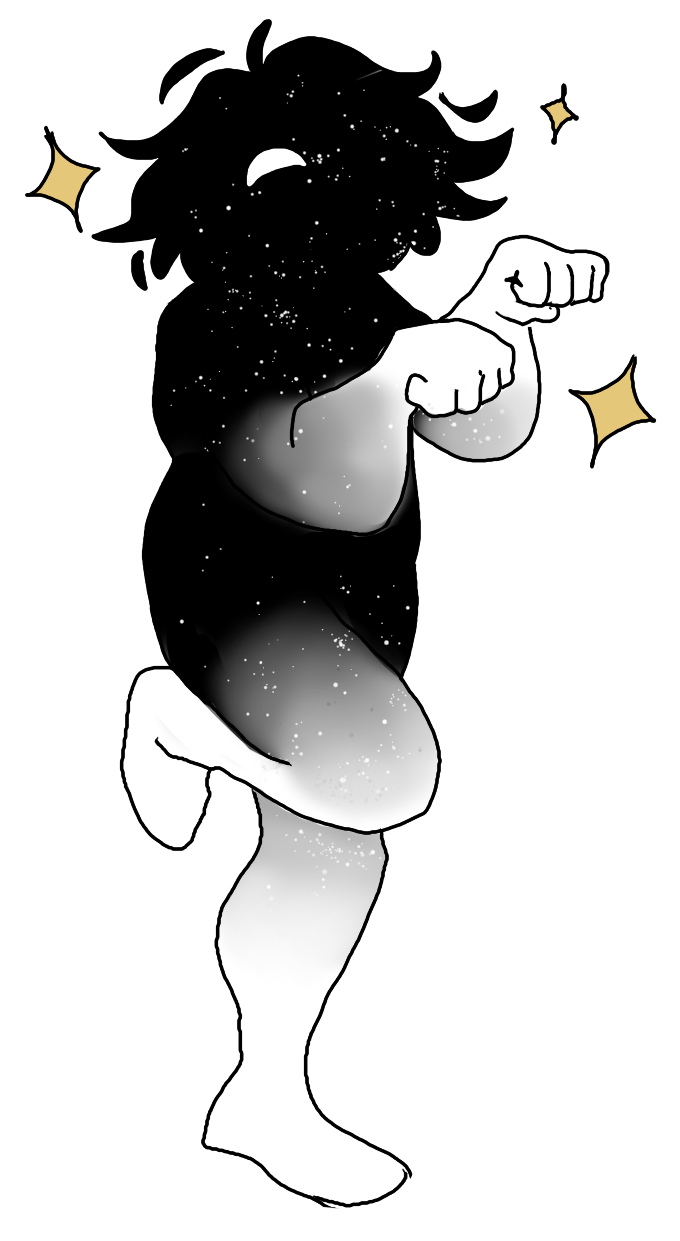 An image of Lydia in her Voidscape form- a black and white starry figure- raising her hands in a 'cat' pose. Her one eye is squinting happily, as if she is smiling.